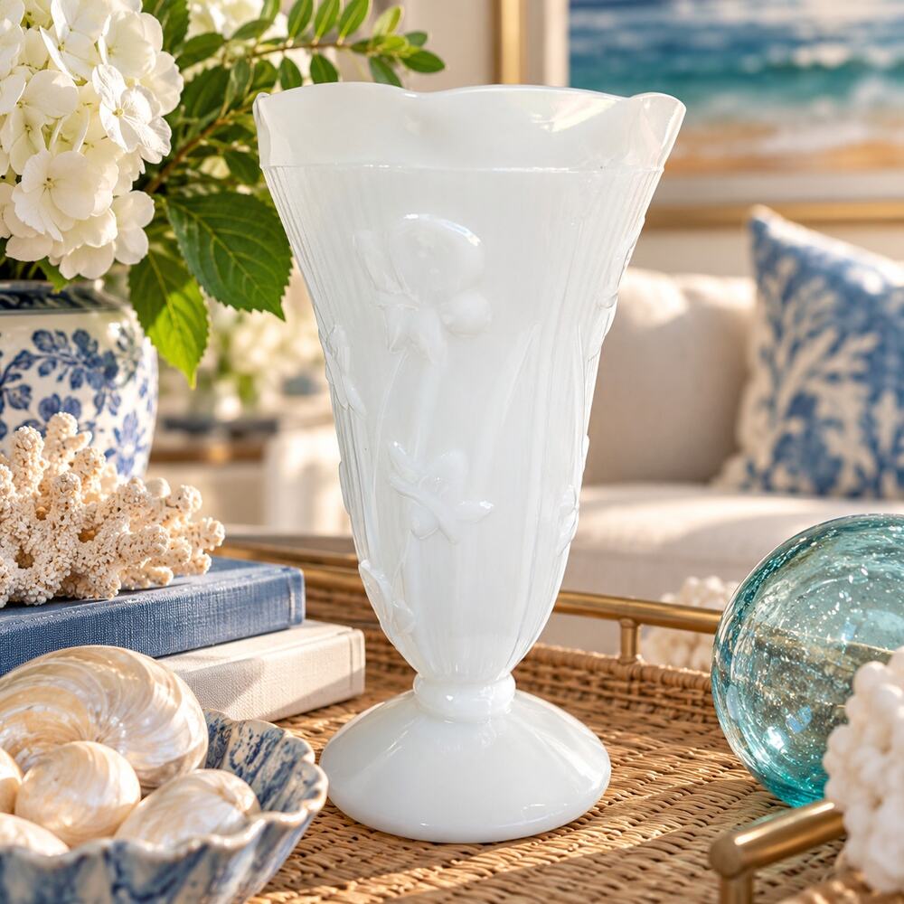 Vintage Jeannette Glass Iris & Herringbone Milk Glass 9” Footed Vase